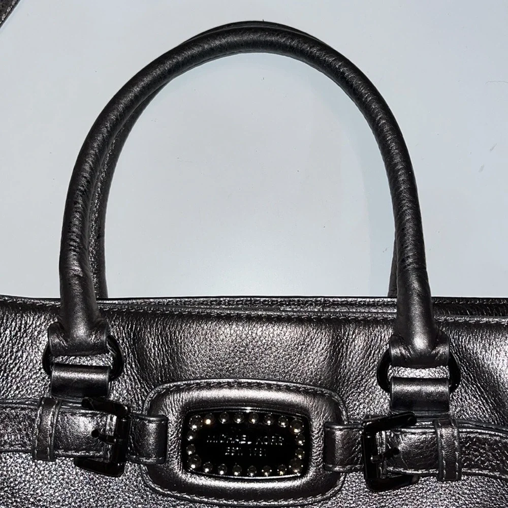 Michael‎ Kors Leather Hamilton Jewel Tote Gunmetal Metallic Shoulder Bag Purse
